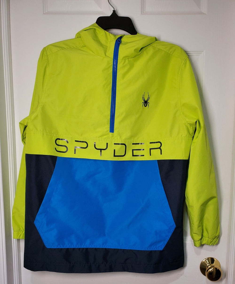 Spyder Boys Youth LG 14 16 Hooded Windbreaker Jacket Neon Yellow Blue Pullover